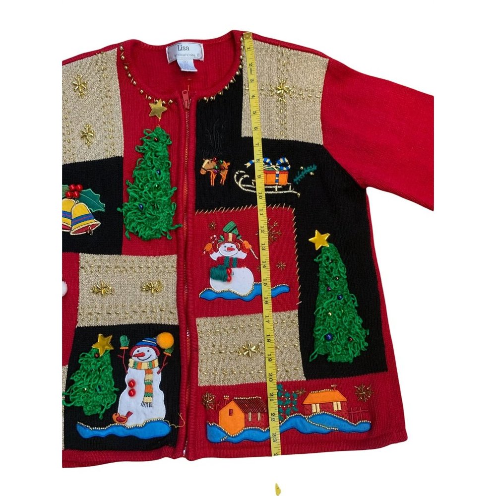 Ugly Christmas Holiday Party Sweater Color Block Snowman Trees Jingles Sz Medium - Picture 8 of 11